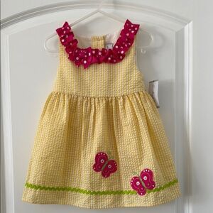 Yellow Seersucker Gingham Dress, Butterfly Appliqué Pink Polka Dot Collar 2T NWT